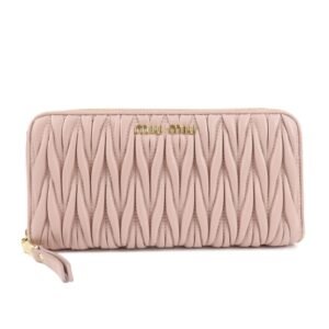 MIU MIU Matelasse Leather Round Zipper Long Wallet Pink Beige Used