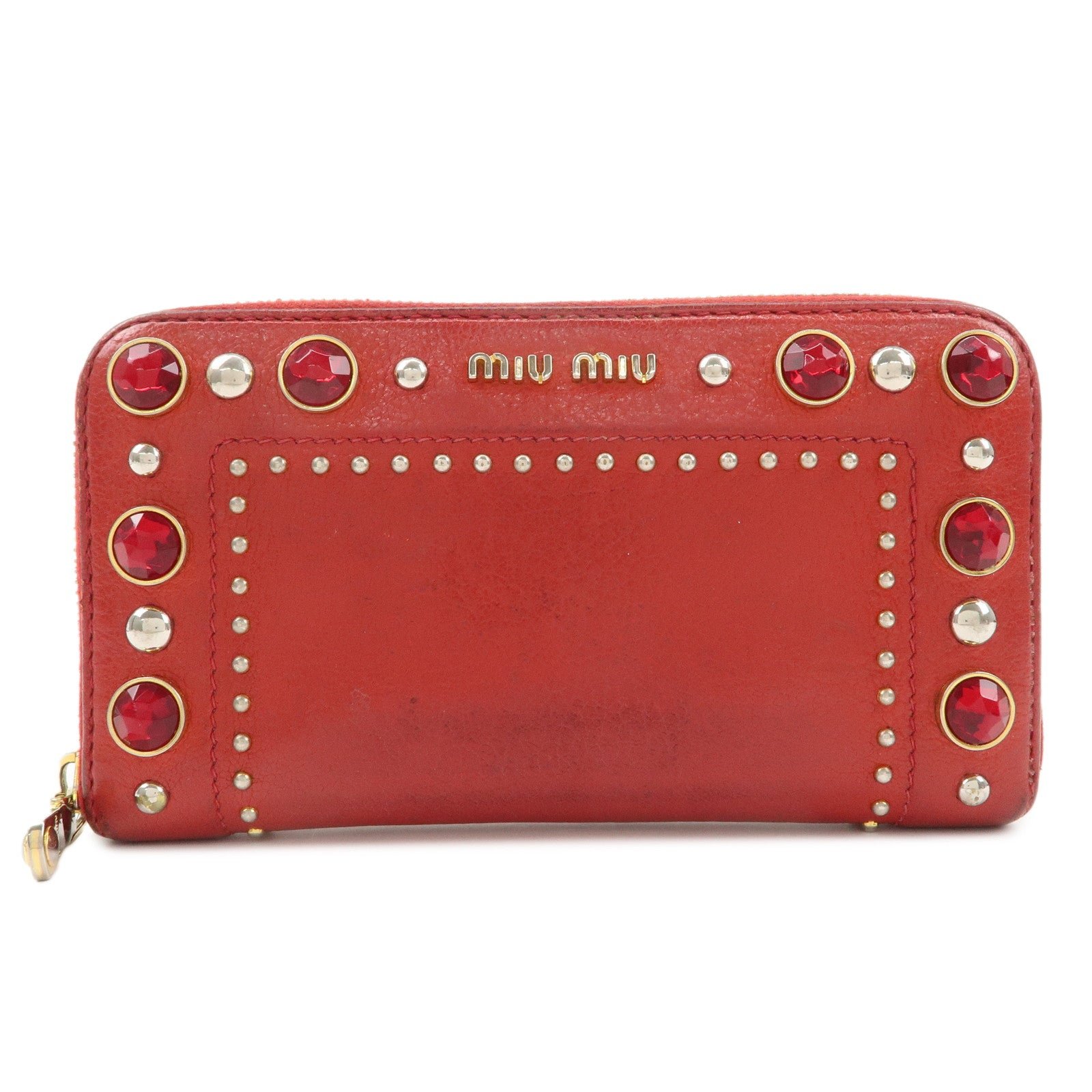 MIU MIU Leather Round Zipper Long Wallet Bijou Studs Red Used