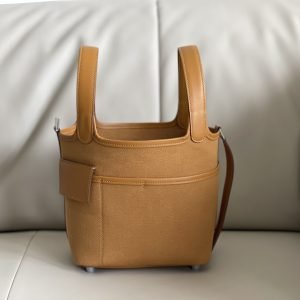 .Cargo picotin basket 18cm canvas and swift leather sesame color silver buckle