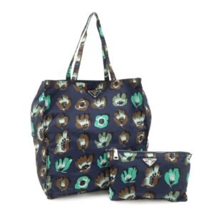 PRADA Triangle Logo Nylon Tote Bag w/Pouch Flower Print Navy B4626B Used