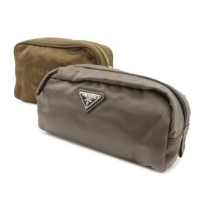 PRADA Set of 2 Leather Nylon Pouch Cosmetic Pouch Gray Khaki Used