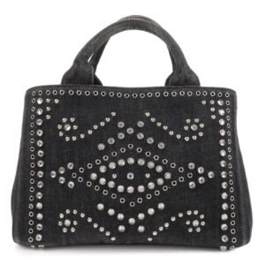 PRADA Canapa Mini Canvas Studs 2Way Shoulder Bag Hand Bag Black B2439G Used