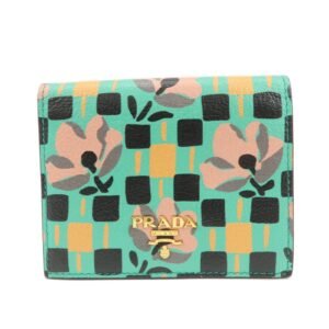 PRADA Leather Compact Wallet Floral Print Green Gold HDW 1MV204 Used