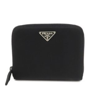 PRADA  Nylon Saffiano  Leather Bi-fold Round zippy Wallet Black Used