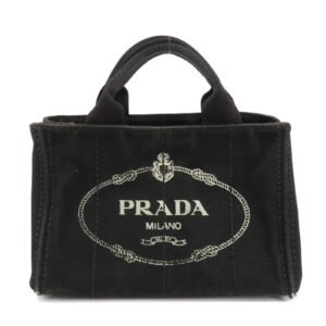 PRADA Logo Canapa Mini Canvas Tote Bag Hand Bag Black BN2439 Used