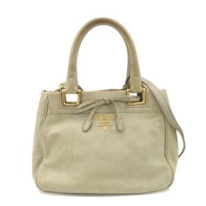 PRADA Logo Ribon Leather 2WAY Tote Bag Hand Bag Beige Gold HDW BN2245 Used