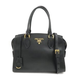 PRADA Leather 2Way Bag Hand Bag Black Gold Hardware Used