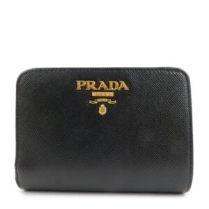 PRADA Saffiano Leather Bi-Fold Wallet Black Red Gold 1ML018 Used