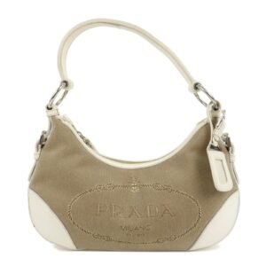 PRADA Logo Canvas Leather Shoulder Bag Hand Bag Beige White BR3429