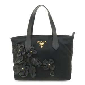PRADA Nylon Leather Hand Bag Black Gold Hardware 1BA084