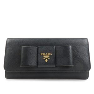 PRADA Saffiano Leather Flap Bi-Fold Long Wallet Black Gold 1MH132 Used