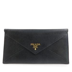 PRADA Saffiano Leather Envelope Flap Long Wallet Black 1M1175 Used