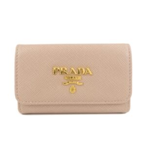 PRADA Logo Leather 4 Rings Key Case Key Holder Beige 1PG004 Used