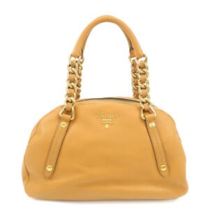 PRADA Logo Leather Chain Shoulder Bag Boston Bag Hand Bag Camel BL0692 Used