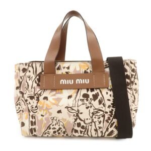 MIU MIU Leather Canvas 2Way Hand Bag Tote Bag Brown Pink 5BA085 Used